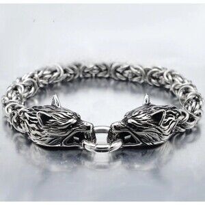 7.5-8.5 inch Mens Stainless Steel Norse Viking Fenrir Wolf Head Bracelet Men